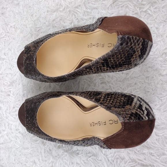 Marc Fisher Tumble Brown Suede Snakeskin Open Toe Slip On Stiletto High Heels - Picture 4 of 16